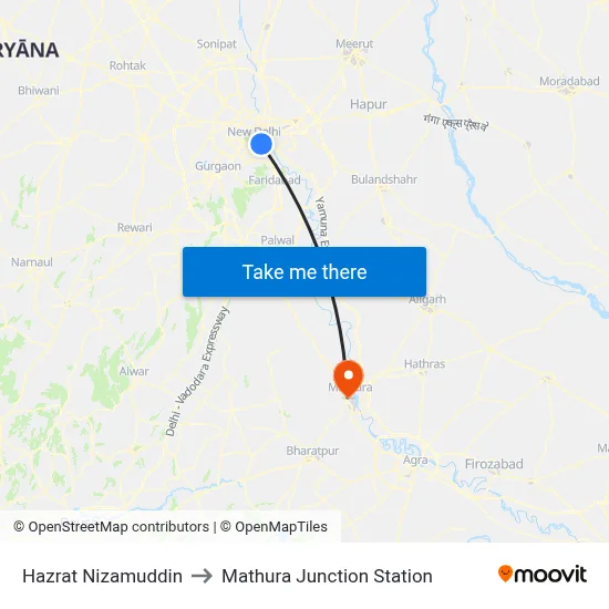 Hazrat Nizamuddin to Mathura Junction Station map