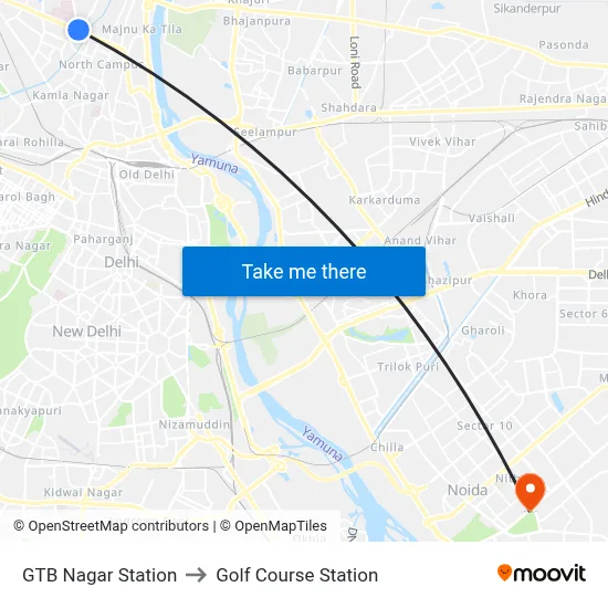 GTB Nagar Station to Golf Course Station map
