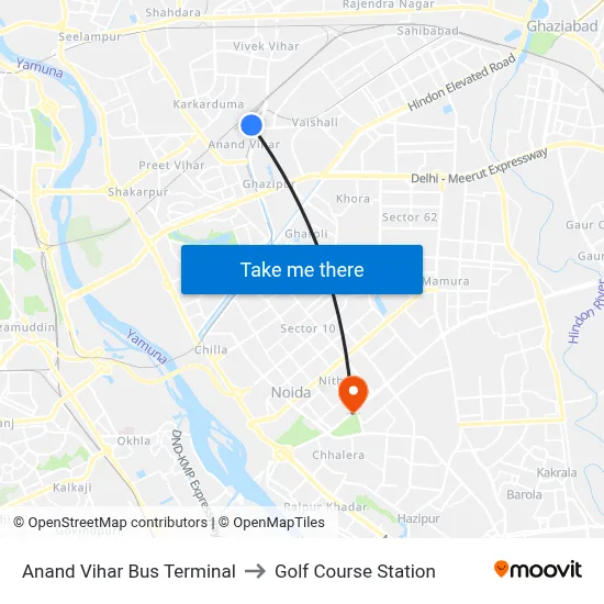 Anand Vihar Bus Terminal to Golf Course Station map