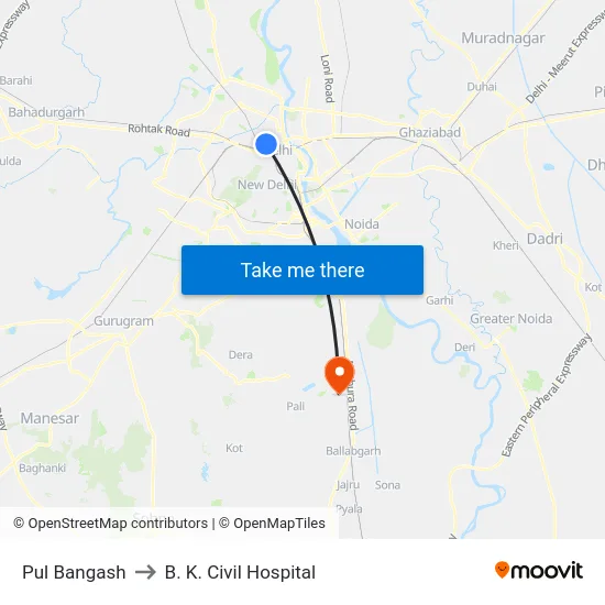 Pul Bangash to B. K. Civil Hospital map
