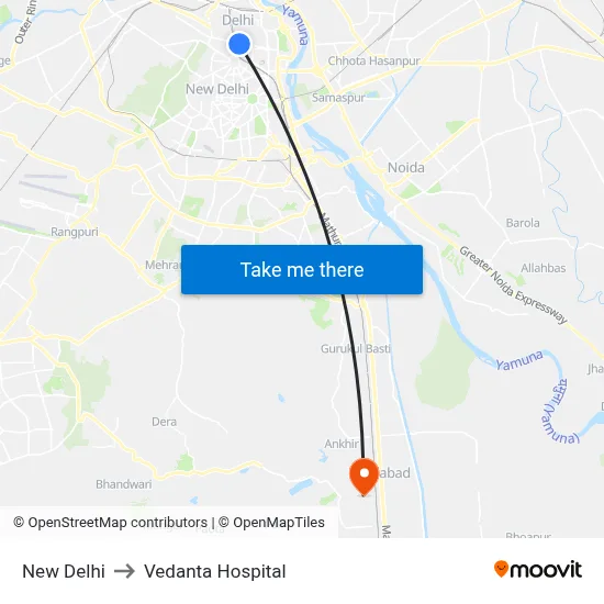 New Delhi to Vedanta Hospital map