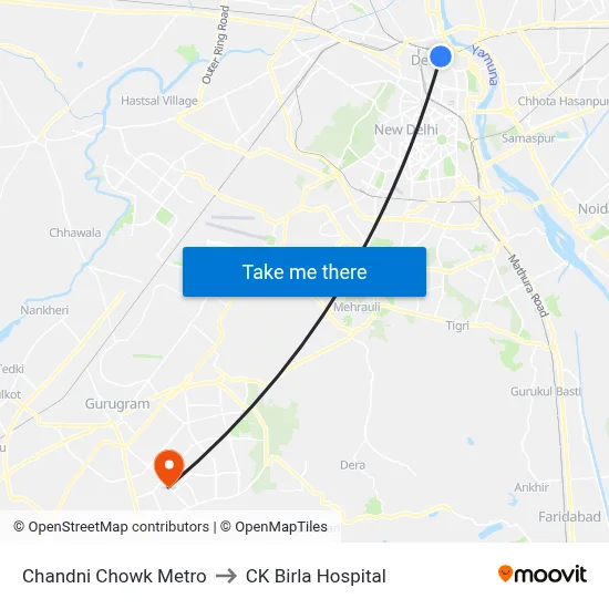 Chandni Chowk Metro to CK Birla Hospital map