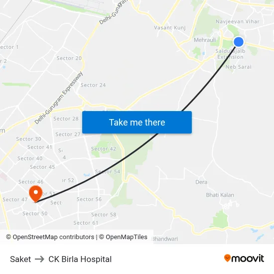 Saket to CK Birla Hospital map
