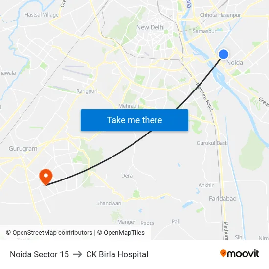 Noida Sector 15 to CK Birla Hospital map