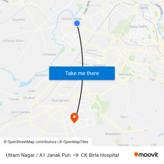 Uttam Nagar / A1 Janak Puri to CK Birla Hospital map