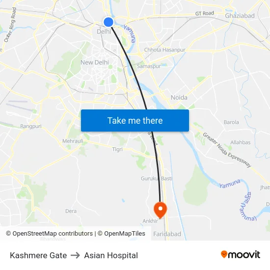 Kashmere Gate to Asian Hospital map