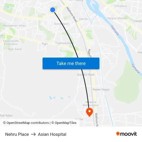 Nehru Place to Asian Hospital map