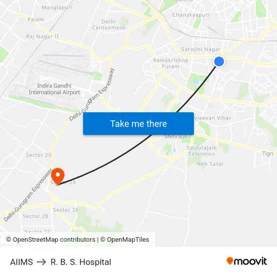 AIIMS to R. B. S. Hospital map