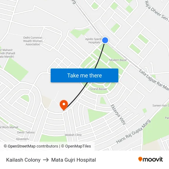 Kailash Colony to Mata Gujri Hospital map