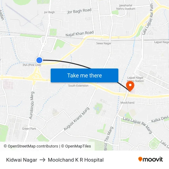 Kidwai Nagar to Moolchand K R Hospital map