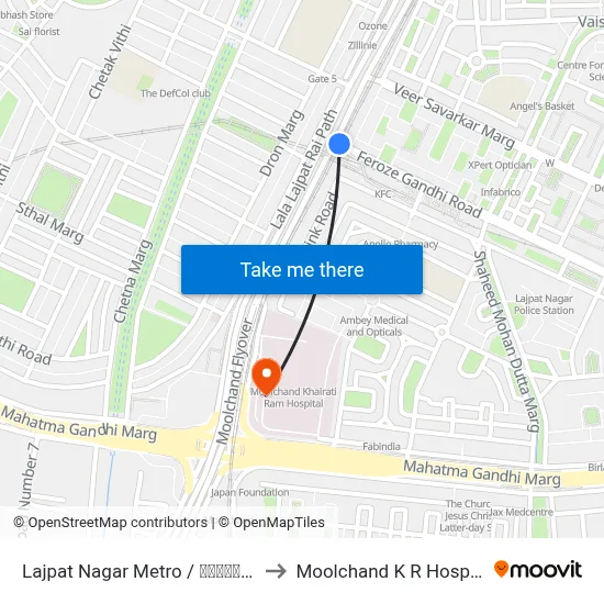 Lajpat Nagar Metro / लाजपत नगर to Moolchand K R Hospital map