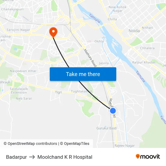 Badarpur to Moolchand K R Hospital map