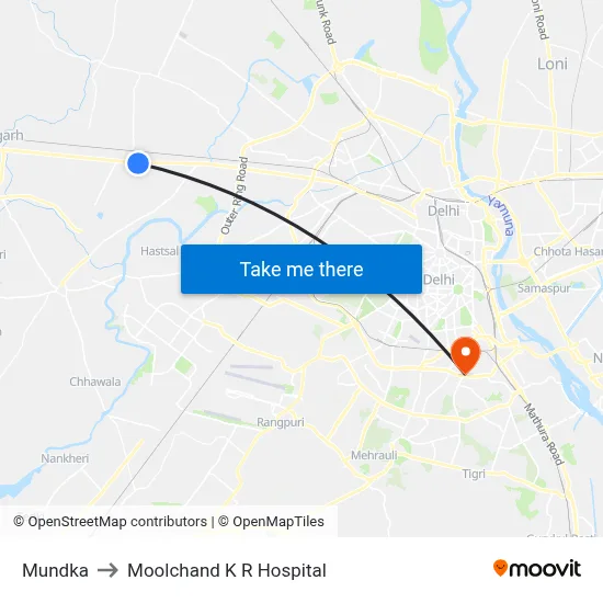 Mundka to Moolchand K R Hospital map