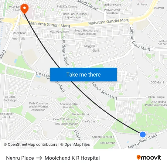 Nehru Place to Moolchand K R Hospital map