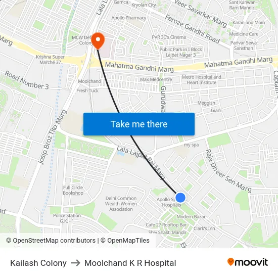 Kailash Colony to Moolchand K R Hospital map