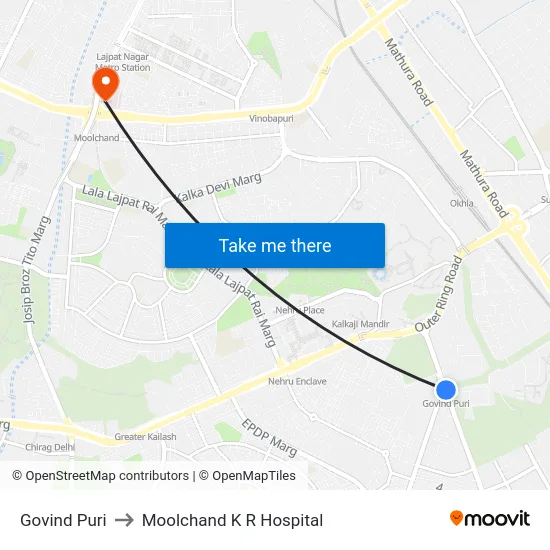 Govind Puri to Moolchand K R Hospital map