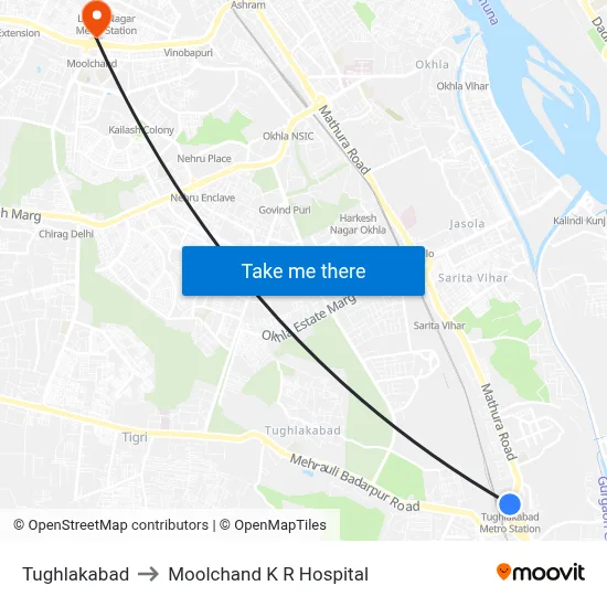 Tughlakabad to Moolchand K R Hospital map