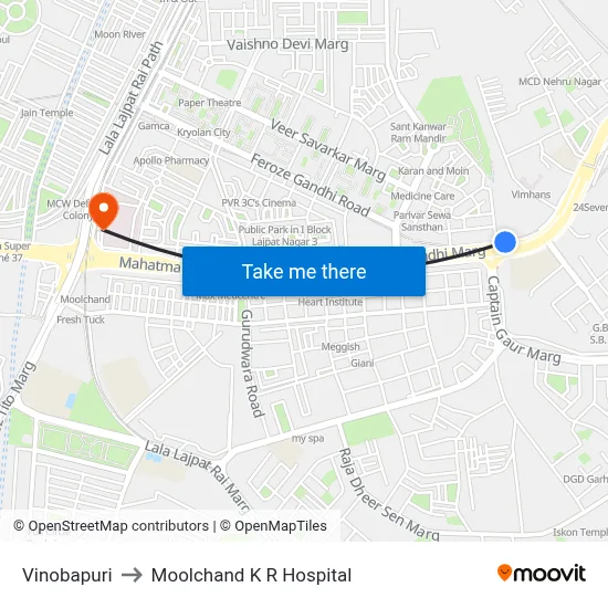 Vinobapuri to Moolchand K R Hospital map
