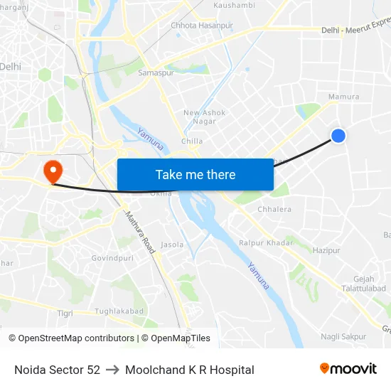 Noida Sector 52 to Moolchand K R Hospital map