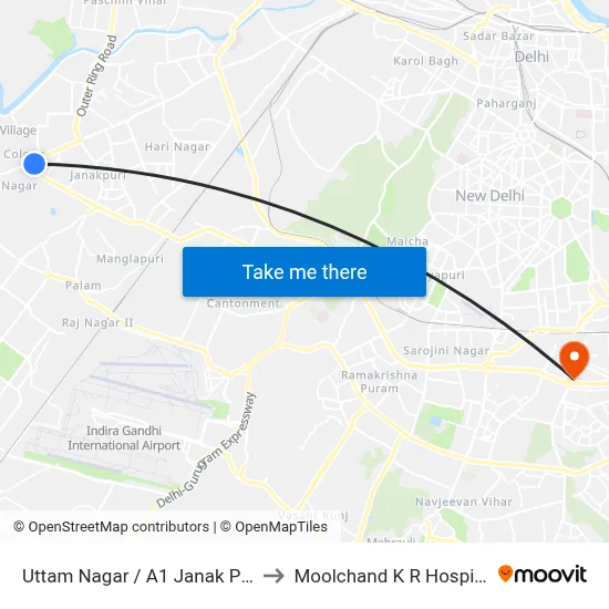 Uttam Nagar / A1 Janak Puri to Moolchand K R Hospital map