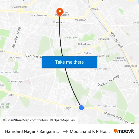 Hamdard Nagar / Sangam Vihar to Moolchand K R Hospital map