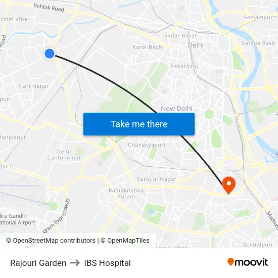 Rajouri Garden to IBS Hospital map