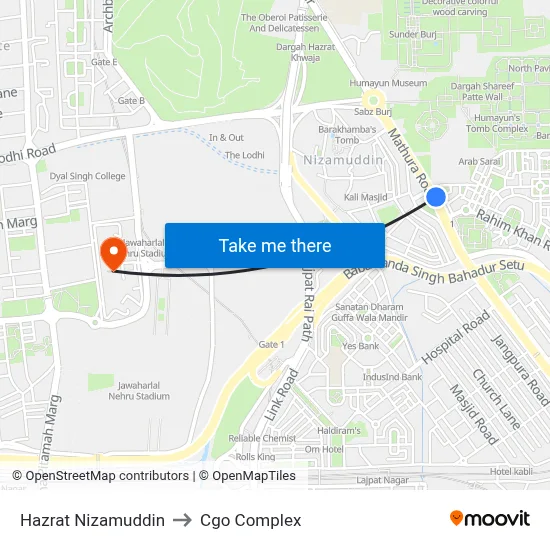 Hazrat Nizamuddin to Cgo Complex map