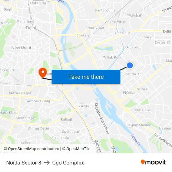 Noida Sector-8 to Cgo Complex map