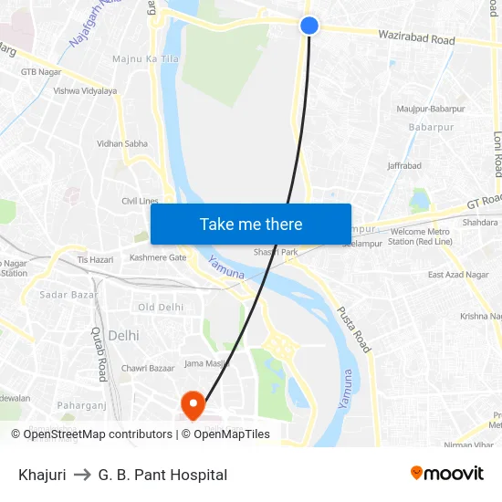 Khajuri to G. B. Pant Hospital map