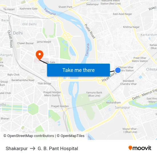 Shakarpur to G. B. Pant Hospital map