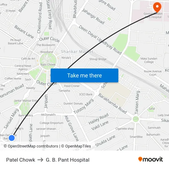 Patel Chowk to G. B. Pant Hospital map
