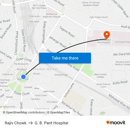 Rajiv Chowk to G. B. Pant Hospital map