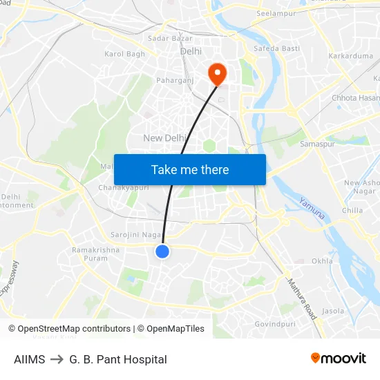 AIIMS to G. B. Pant Hospital map