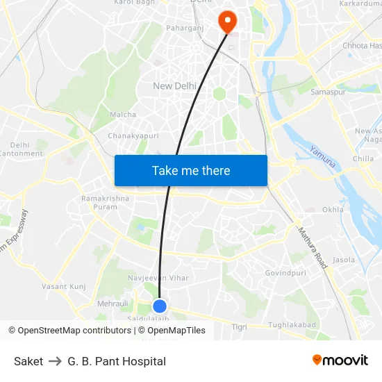 Saket to G. B. Pant Hospital map