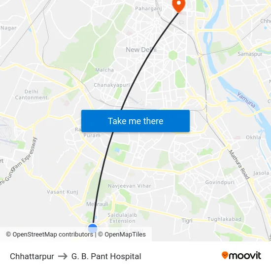 Chhattarpur to G. B. Pant Hospital map
