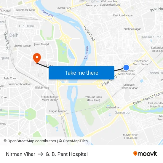 Nirman Vihar to G. B. Pant Hospital map