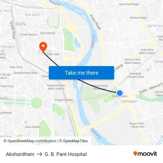 Akshardham to G. B. Pant Hospital map
