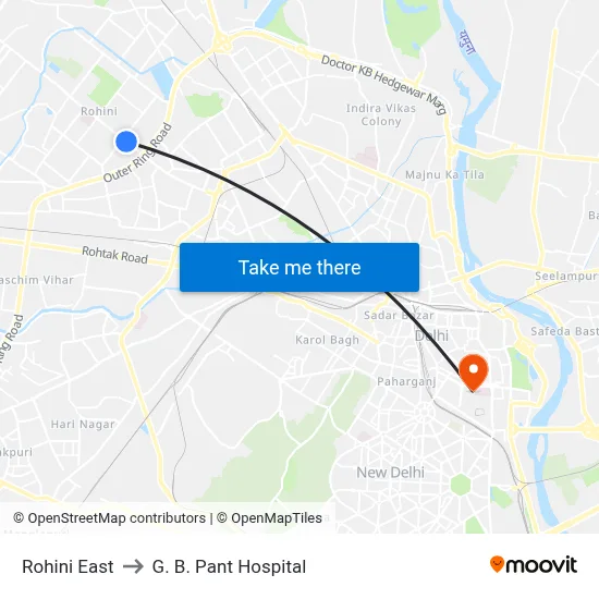 Rohini East to G. B. Pant Hospital map