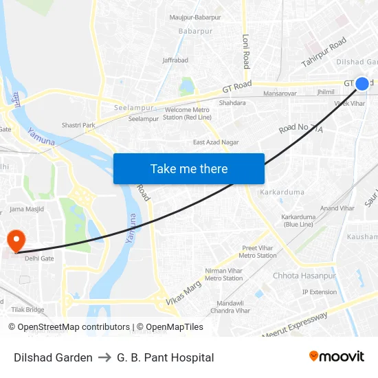Dilshad Garden to G. B. Pant Hospital map