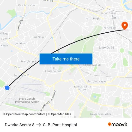 Dwarka Sector 8 to G. B. Pant Hospital map