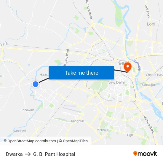 Dwarka to G. B. Pant Hospital map