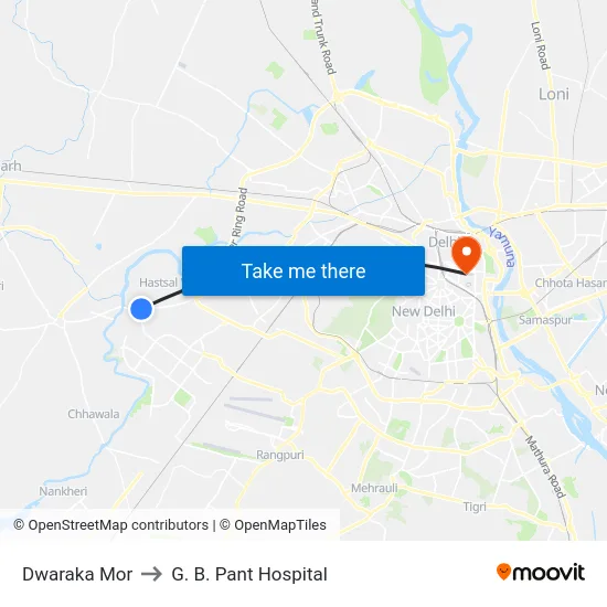 Dwaraka Mor to G. B. Pant Hospital map