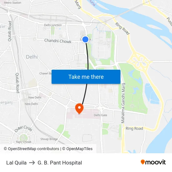 Lal Quila to G. B. Pant Hospital map