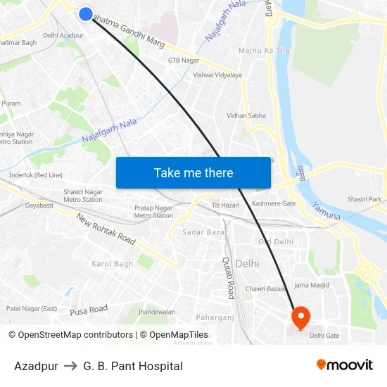 Azadpur to G. B. Pant Hospital map