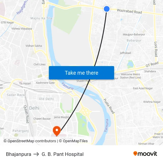Bhajanpura to G. B. Pant Hospital map