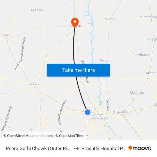 Peera Garhi Chowk (Outer Ring Road) to Prasuthi Hospital Panipat map