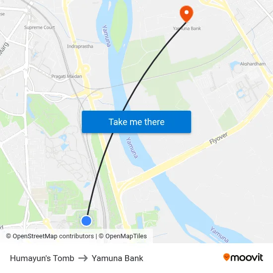 Humayun's Tomb to Yamuna Bank map