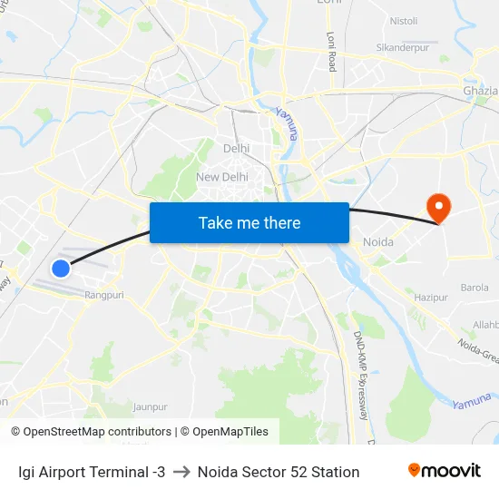 Igi Airport Terminal -3 to Noida Sector 52 Station map