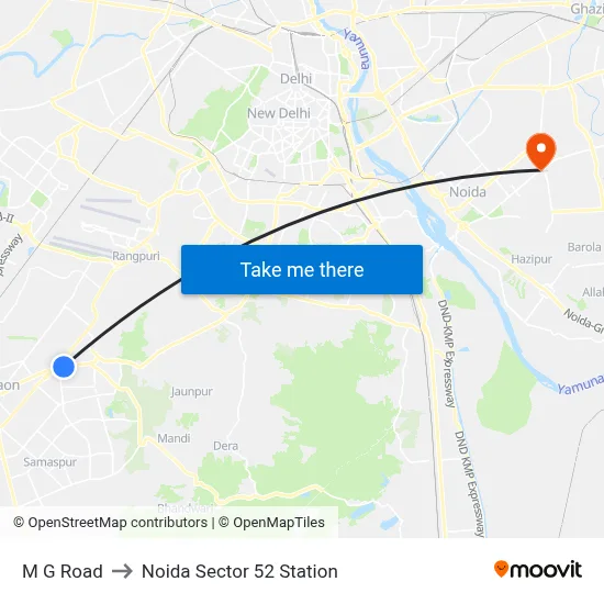 M G Road to Noida Sector 52 Station map