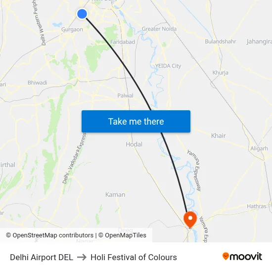 Delhi Airport DEL to Holi Festival of Colours map